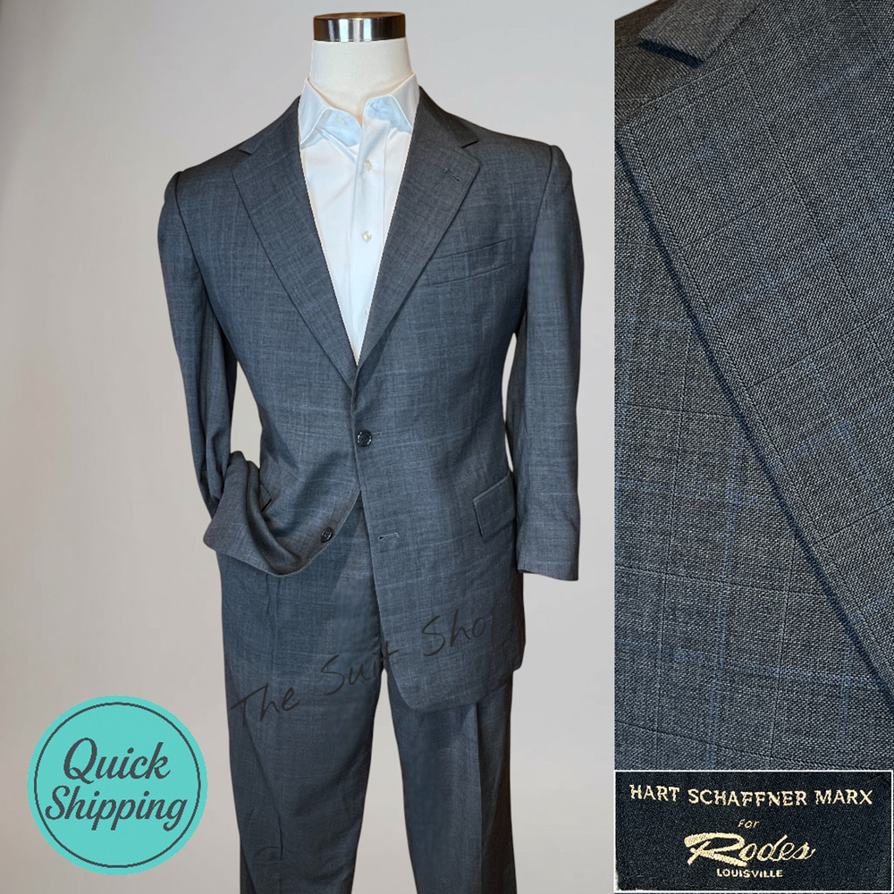 Hart Schaffner Marx 44R 38x29 Blue Gray Plaid Nailhead USA Quality Suit